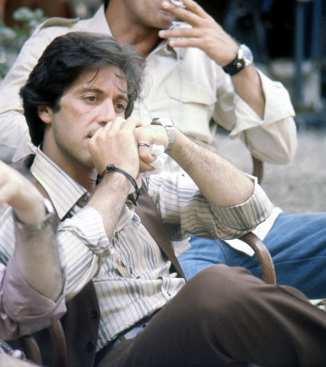bestofpacino's tweet image. Al Pacino on the set of Bobby Deerfield (1977)