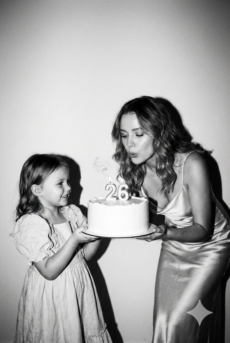 7
Birthday Image with your child

🍌 Nano Banana Pro image prompt

1️⃣ Open Gemini Nano Banana Pro
2️⃣ Upload photos Or Family photo
3️⃣ Paste the Prompt
4️⃣ Change [AGE] to the desired number
⤵️

Photorealistic black-and-white vertical photograph 2:3, candid home shot with a flash. Light solid background, hard contrast, slight film grain. On the right, a young woman visible from the chest up, her torso turned towards the center; she is wearing an elegant dress with thin straps and a neatly decorated neckline. Her hair is down, styled in soft natural waves. Her face is tilted towards the cake, lips pursed as she blows out the candles, looking at the flame with a warm, focused expression. On the left, shown from the waist up in profile, is a little girl in a festive dress with a full skirt and puff sleeves, a belt at the waist; her hair is smoothly combed back on the sides with soft strands falling to her shoulders. The girl is smiling and looking at the woman with delight, holding a round white cake on a platter with both hands. In the center of the cake are two burning candles forming the number [AGE], with a light trail of smoke from the breath. A hard frontal flash blows out details, creates sharp shadows on the wall, and emphasizes the texture of the skin, fabric, and frosting.