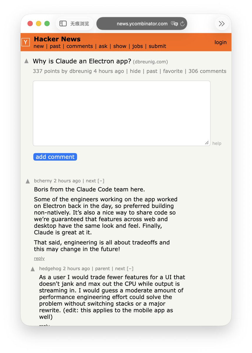 在这篇“Why is Claude an Electron app?”的讨论中，Claude Code 创始人 Boris Cherny 解释 ...