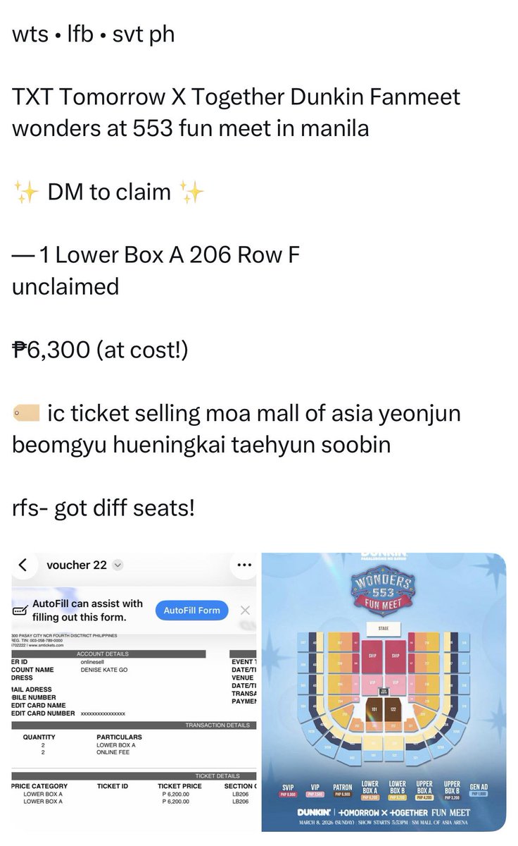 WTS/LFB: TXT Dunkin Fanmeet tix 
- one (1) LBA 216 area 💜, you'll be seated beside my friend
RFS: duplicate purchase

Please DM me on IG /aicalearnstolive 

#dunkinph_txt 
#dunkinph_wondersat553
#tomorrow_x_together
#txt