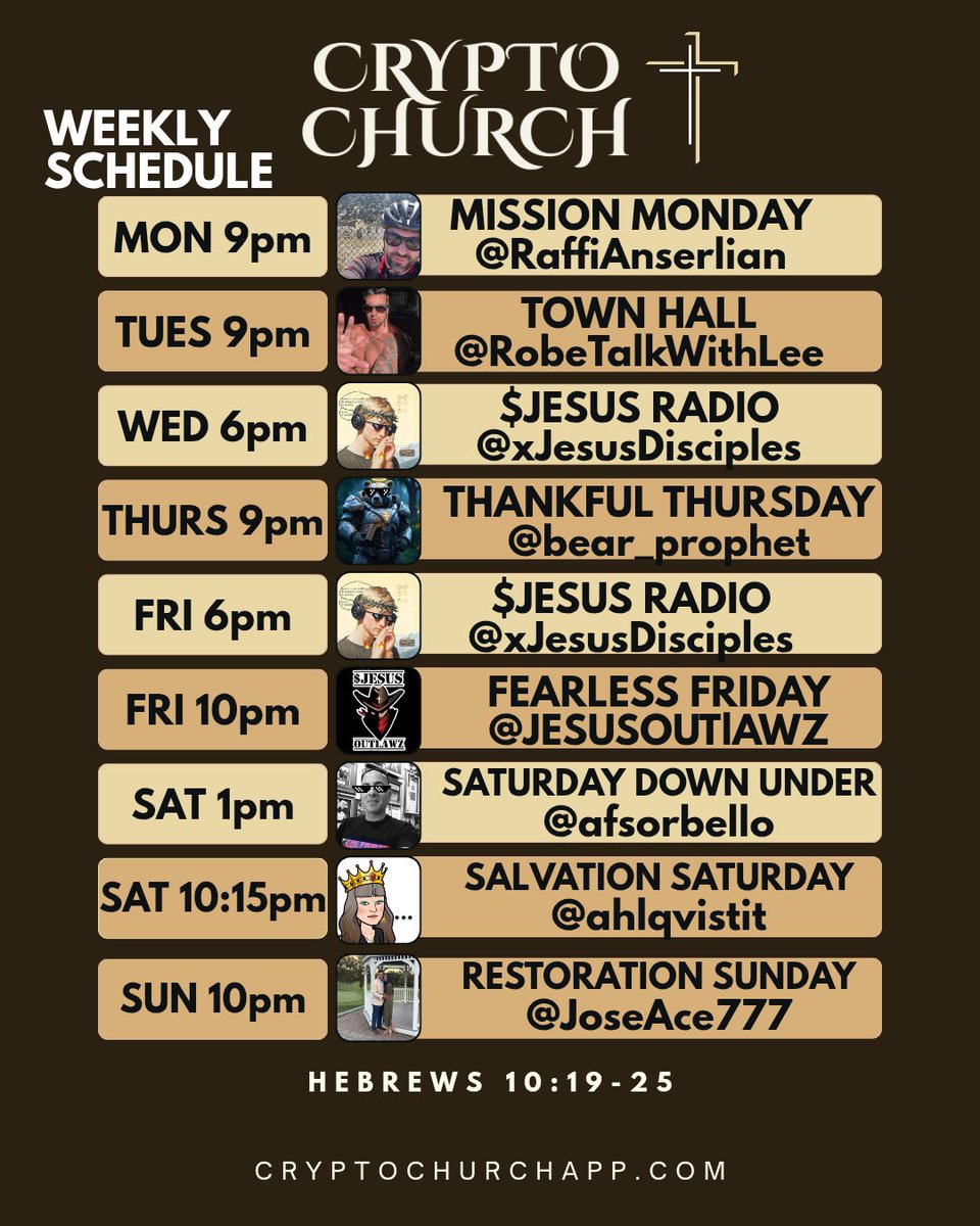 Crypto Church | Weekly Schedule   

Join "The Disciples" community on X for easy access to space links.  ALL ARE WELCOME 🙏 

X Admin:
<a href="/CastingCoins/">Casting Coins 4 Jesus 🙏🏼</a>
<a href="/RaffiAnserlian/">Brother Raffi 🙏</a>
<a href="/WrkHrd4it/">𝚁𝚒𝚝𝚊 🙏‧₊˚</a>

$Jesus CTO Twitter:
<a href="/JesusCoinMain/">Jesus Coin</a> 

Crypto Church App:
<a href="/CryptoChurchApp/">CryptoChurch App</a> 
cryptochurchapp.com