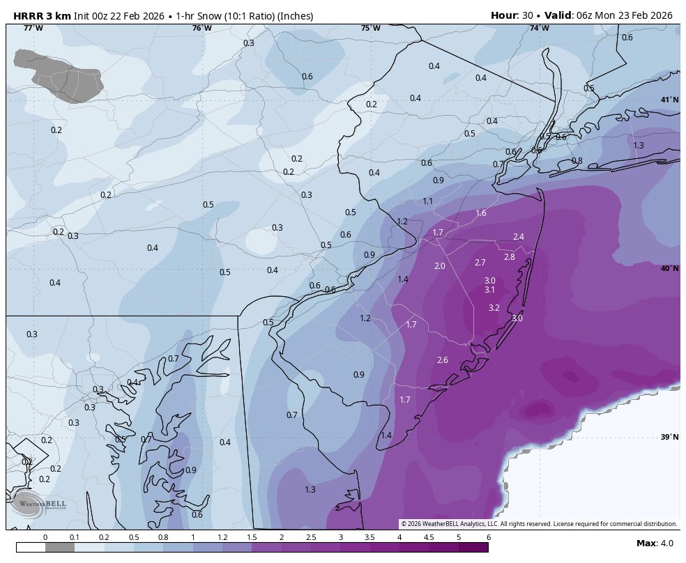 NJWxNews's tweet image. 00z HRRR with some #ThunderSnow potential. Closer to the coast getting 3”/hr, wow!! #njwx #njsnow #njblizzard #blizzard2026