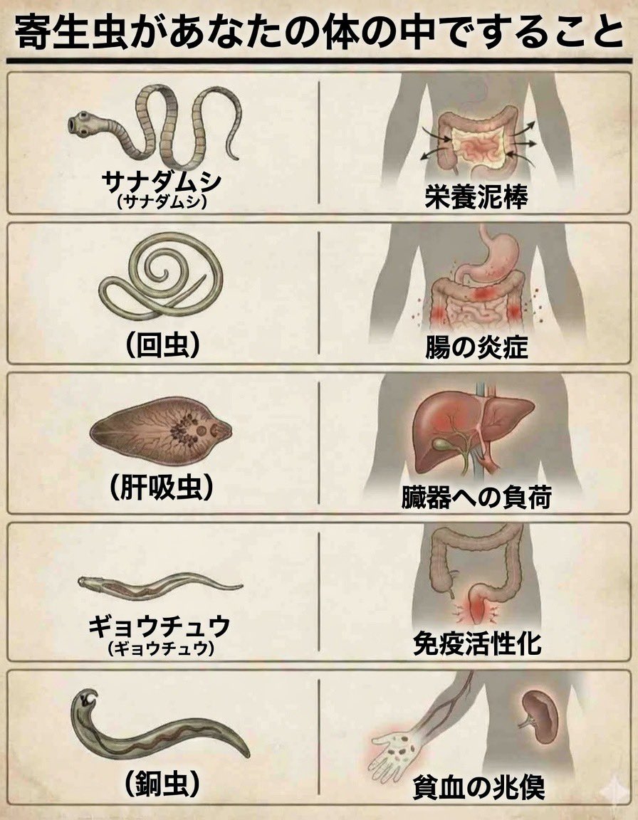 体は症状で語る：
消化刺激、栄養不足感、貧血・免疫ストレス時、「サプリ不足か？」ではなく「何が邪魔か？」寄生虫は現実です。
恐れず、強力胃酸・清潔水・衛生・免疫で侵入しにくい環境を築くこと。
体サポート、防御強化、治療前テスト。