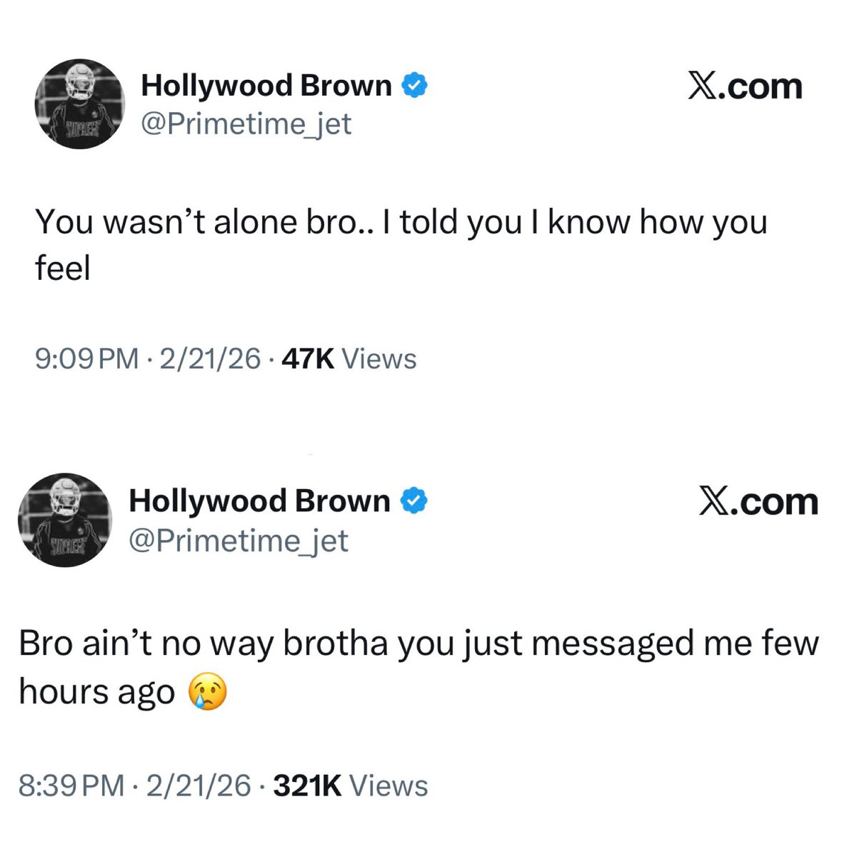 This is heartbreaking: Hollywood Brown, a former teammate of Rondale Moore’s in Arizona, says Moore reached out him just a few hours before he was found deceased from an apparent self-inflicted gunshot wound.