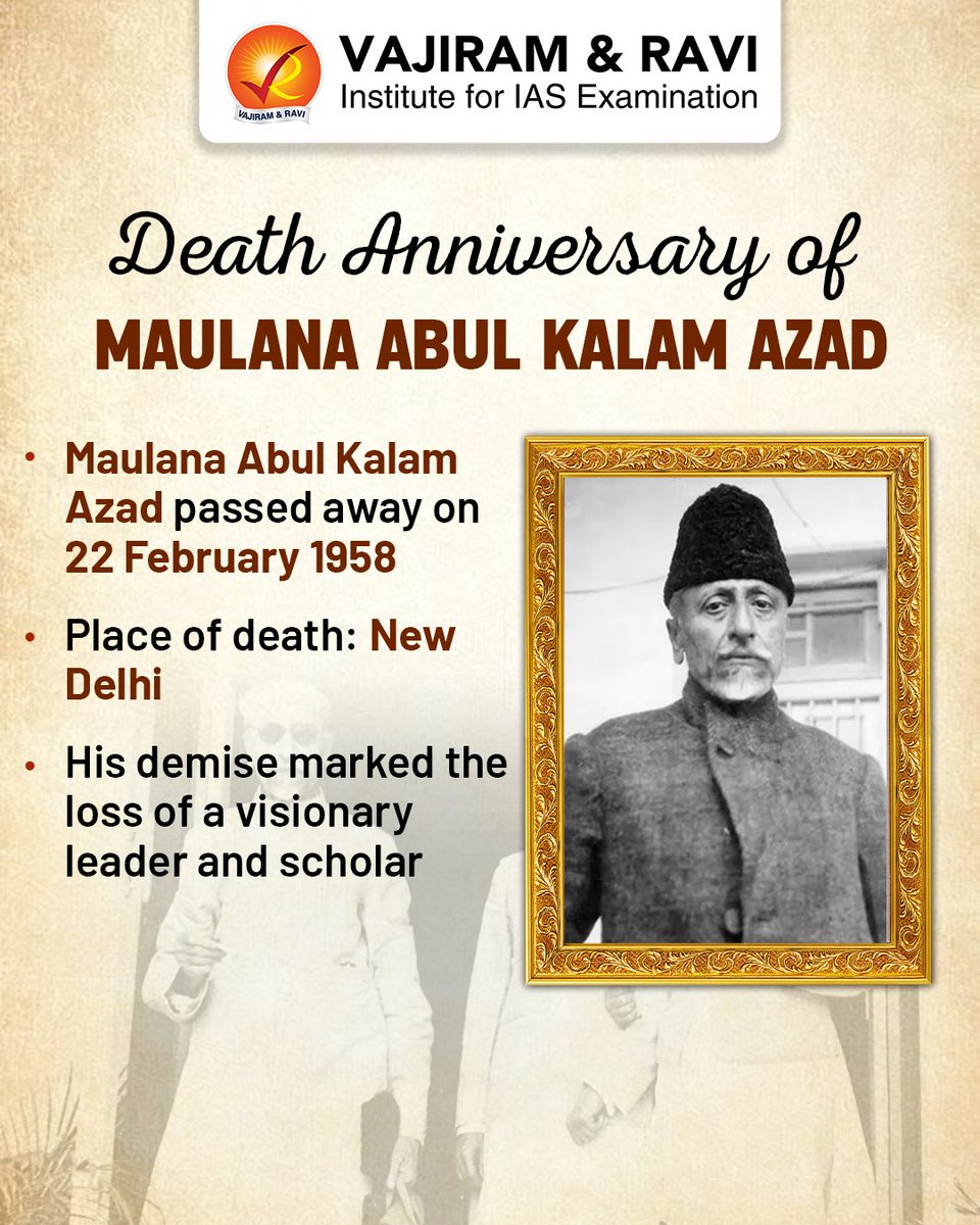 VajiramRavi's tweet photo. Remembering Maulana Abul Kalam Azad — India’s first Education Minister, freedom fighter, and architect of modern education, whose legacy continues to shape the nation’s vision of unity and learning.
#MaulanaAbulKalamAzad #NationalEducationDay #IndianHistory #FreedomStruggle https://t.co/l5GPpQiu1R