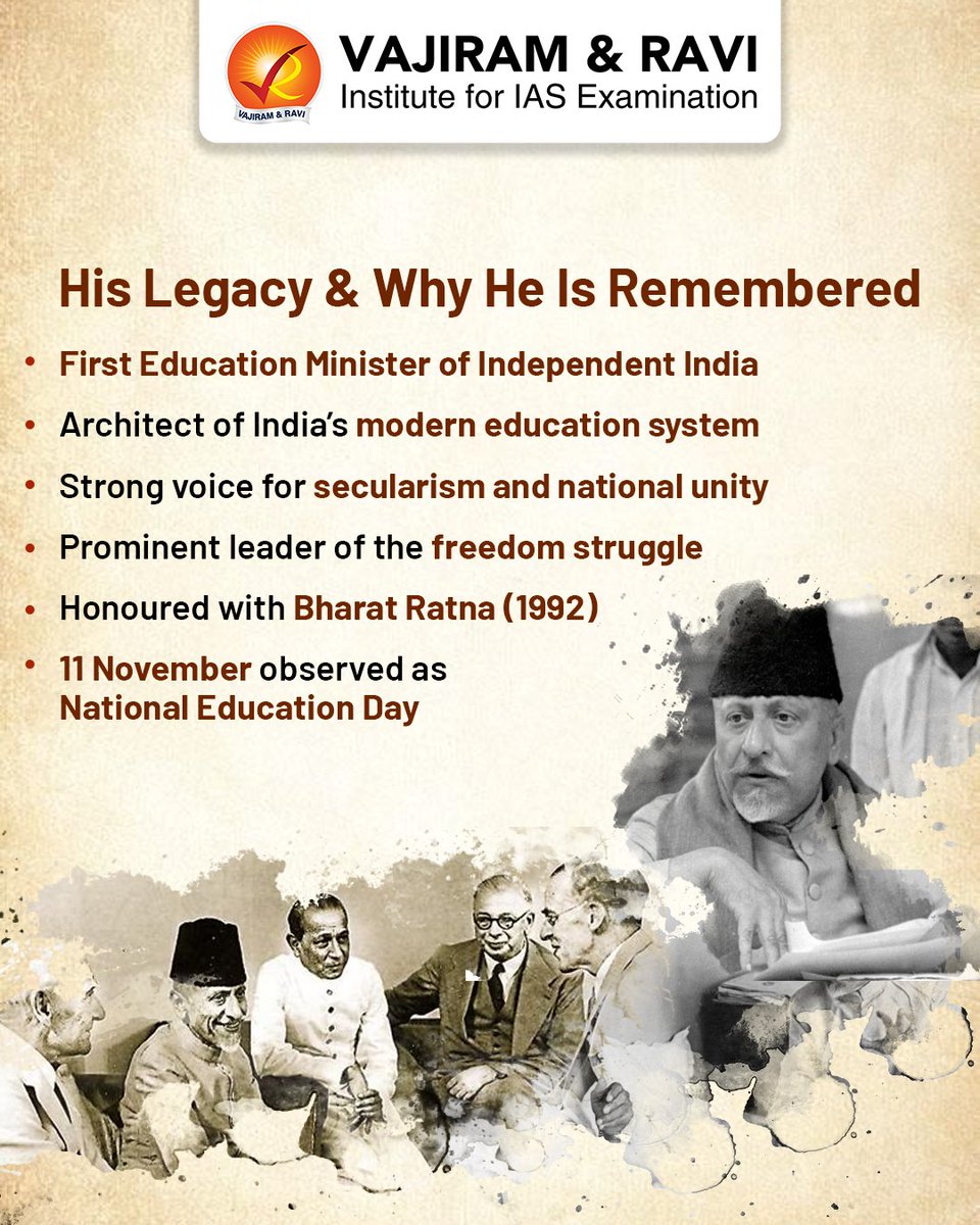 VajiramRavi's tweet photo. Remembering Maulana Abul Kalam Azad — India’s first Education Minister, freedom fighter, and architect of modern education, whose legacy continues to shape the nation’s vision of unity and learning.
#MaulanaAbulKalamAzad #NationalEducationDay #IndianHistory #FreedomStruggle https://t.co/l5GPpQiu1R