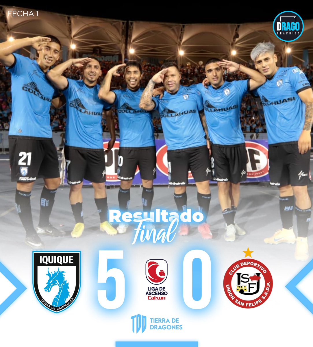 #LigadeAscenso Deportes Iquique inició su participación con una goleada 5-0 sobre Unión San Felipe.
Los goles del 🐲🇧🇼⚽️ fueron anotados por Álvaro Ramos (2), Diego Orellana, Edson Puch y Franco Ledesma #Iquique