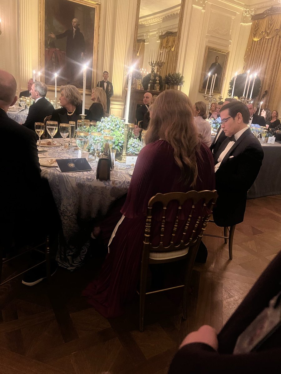 Emilylgoodin's tweet image. Sec/State Rubio at tonight’s governor’s dinner at the White House. He slipped out twice during the entertainment and came back. And was also seen whispering with CIA director John Ratcliffe a few times.
