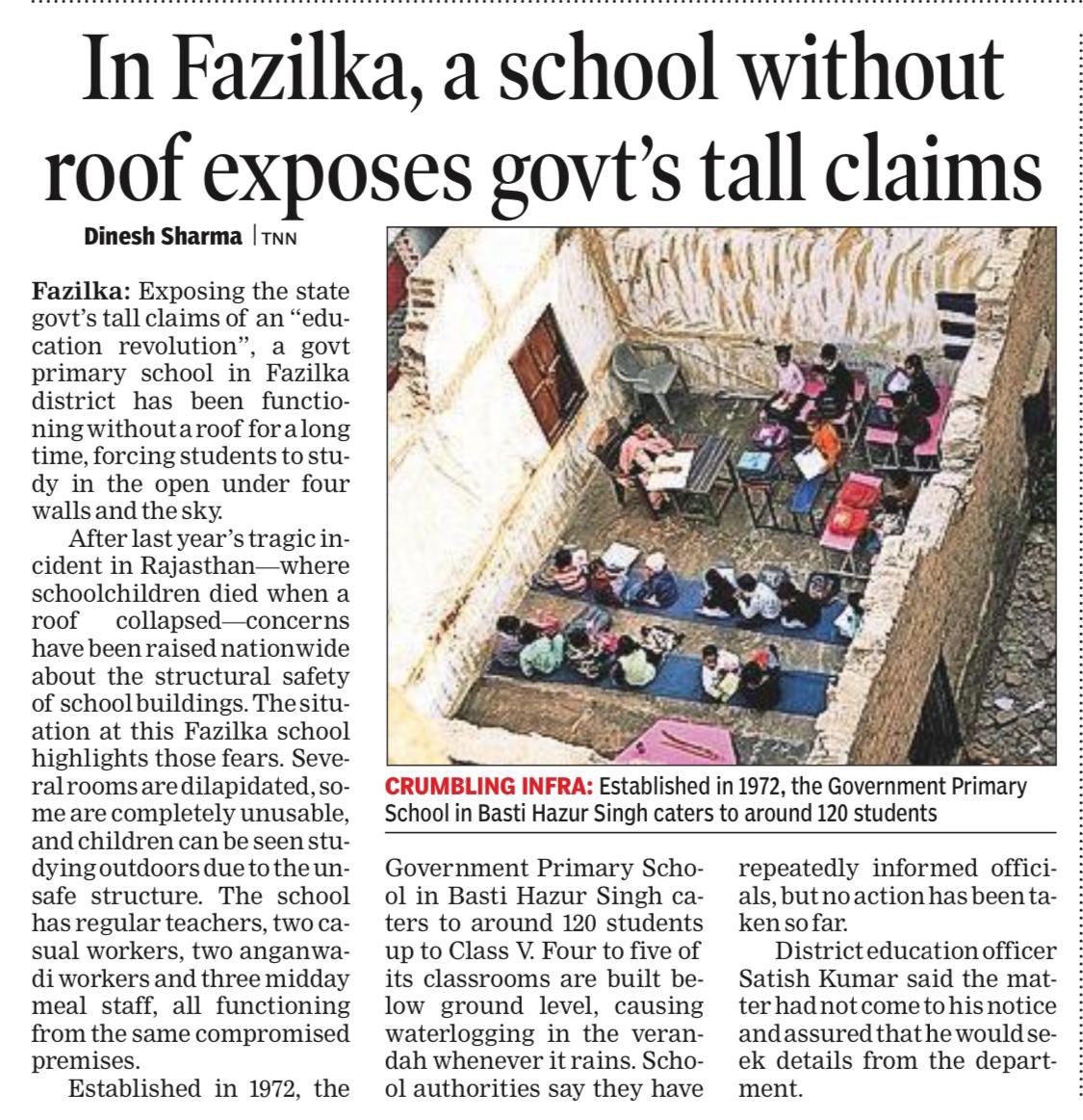 harjotbains's tweet photo. This school in Fazilka was brought to my notice yesterday by Punjabi Jagran. I have already directed officers to take immediate action, and I will personally visit the school.

I assure the children and parents — this school will have a new building within the next 6 months.

Punjab has nearly 20,000 government schools. Most of them came to us in extremely poor condition — a legacy of decades of neglect. In the last few years, we have transformed hundreds of such schools, and the work continues at full speed.

Transforming all 20,000 schools is a journey — and we are steadily marching towards that goal with commitment and transparency.

This is not about tall claims. It is about accountability and sustained action.

Education is not politics for me — it is my passion and responsibility.

#PunjabSikhyaKranti #MissionEducation