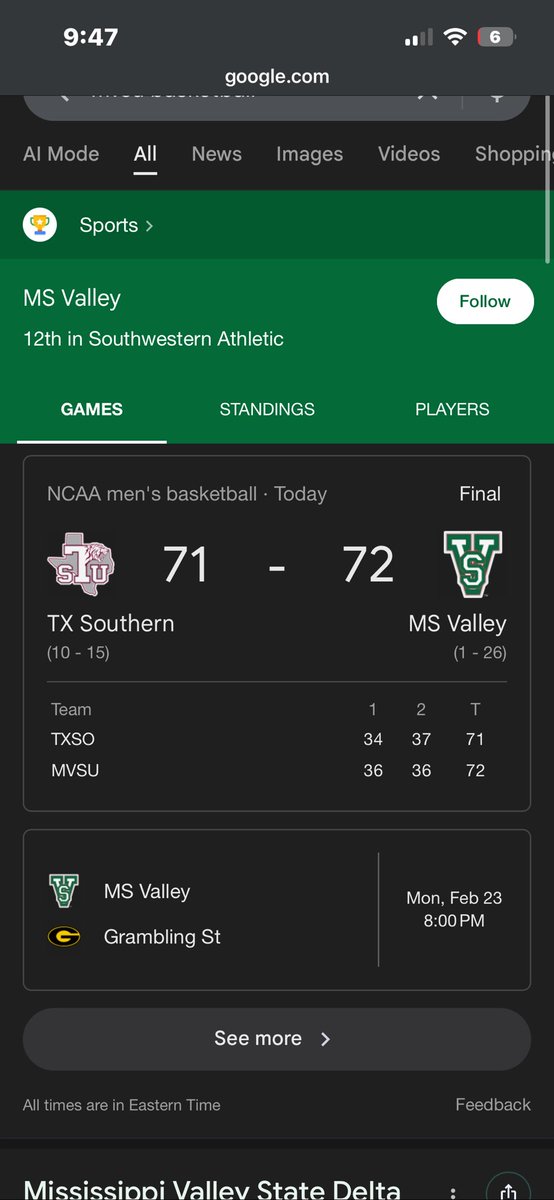 carsthegreat4's tweet photo. Mom  @MVSUMBB HAS WON A BASKETBALL GAME LETS GO DELTA DEVILS #WHYWEPLAY GO MISSISSIPPI STATE VALLEY UNIVERSITY OHHHHHHHHHHHHHHHHHHHHHHHHHHHHHHHHH https://t.co/1FgRqSvFQG