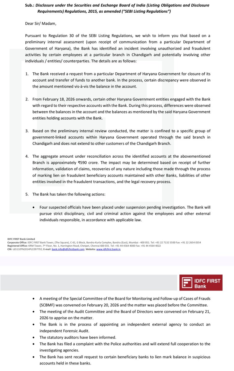IDFC FIRST BANK - MONDAY STOCK ACCIDENT? 

IDFC First Bank reports to stock exchange a fraud of Rs 590 crores (6 mth profit wiped?) 

Discrepancy found in Haryana Govt Bank account at Chandigarh Branch 

4 suspected officials are suspended pending investigation