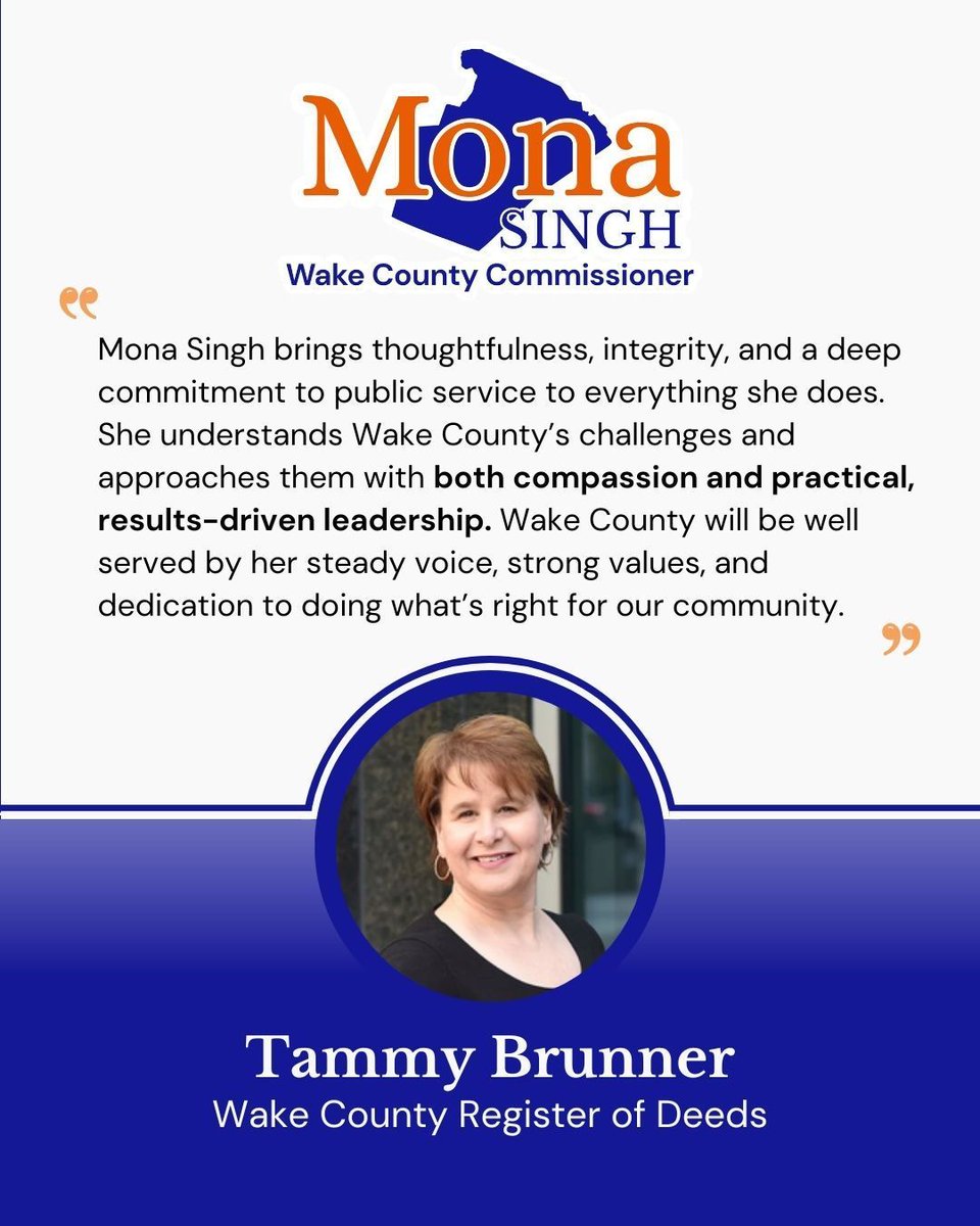 monaforwake's tweet photo. “Mona Singh brings thoughtfulness, integrity, and a deep commitment to public service in everything she does.” - Tammy Brunner, Wake County Register of Deeds https://t.co/rAsong3RtS
