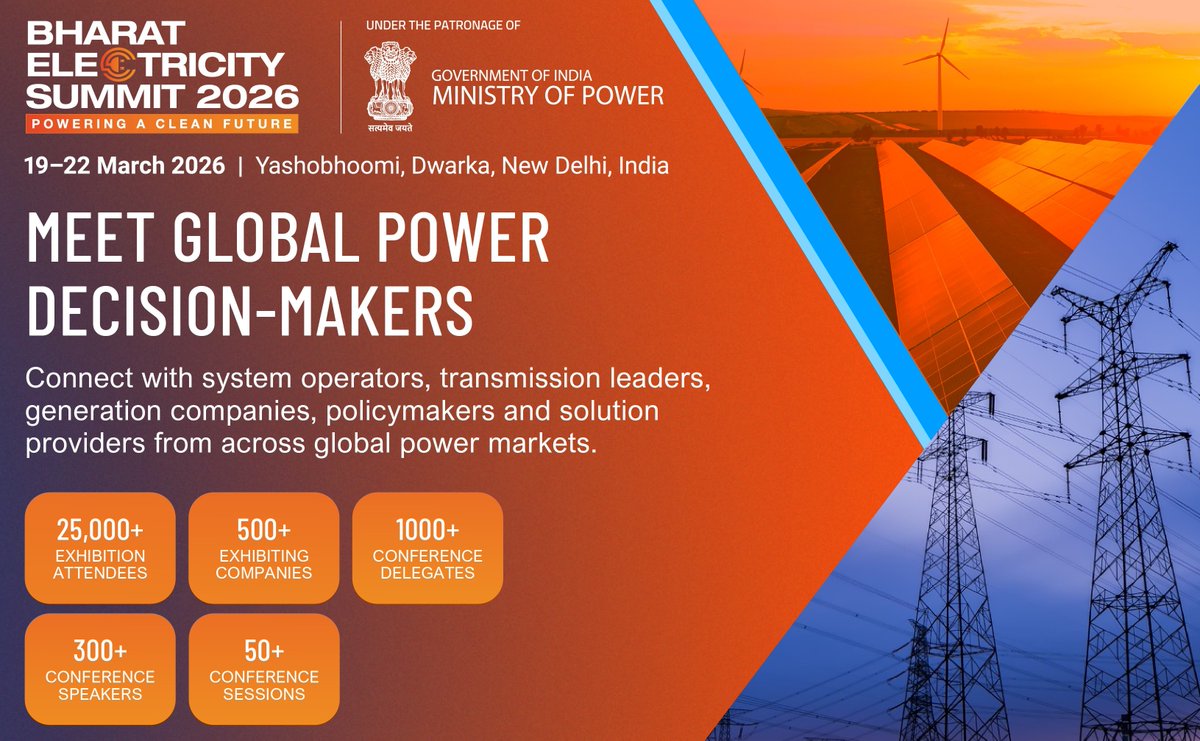 TrademakerM's tweet photo. TradeMaker Magazine is the Media Partner for Bharat Electricity Summit 2026
➡️Register: https://t.co/v3wWu5EnAm 
📃Event brochure: https://t.co/6NZEhHj7Q0
📅Date: 19–22 March 2026
📍Venue: Hall 2, Yashobhoomi, New Delhi, India

@BharatESummit @NishitDoshi144 #Power #Energy #Delhi https://t.co/OrVQGYN69k