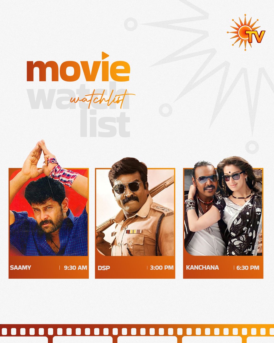 SunTV's tweet image. Perfect weekend watchlist!

SAAMY | SUNDAY | 9:30 AM
DSP | SUNDAY | 3 PM
KANCHANA | SUNDAY | 6:30 PM

#SunTV #Saamy #Vikram #DSP #VijaySethupathi #Kanchana #RaghavaLawrence