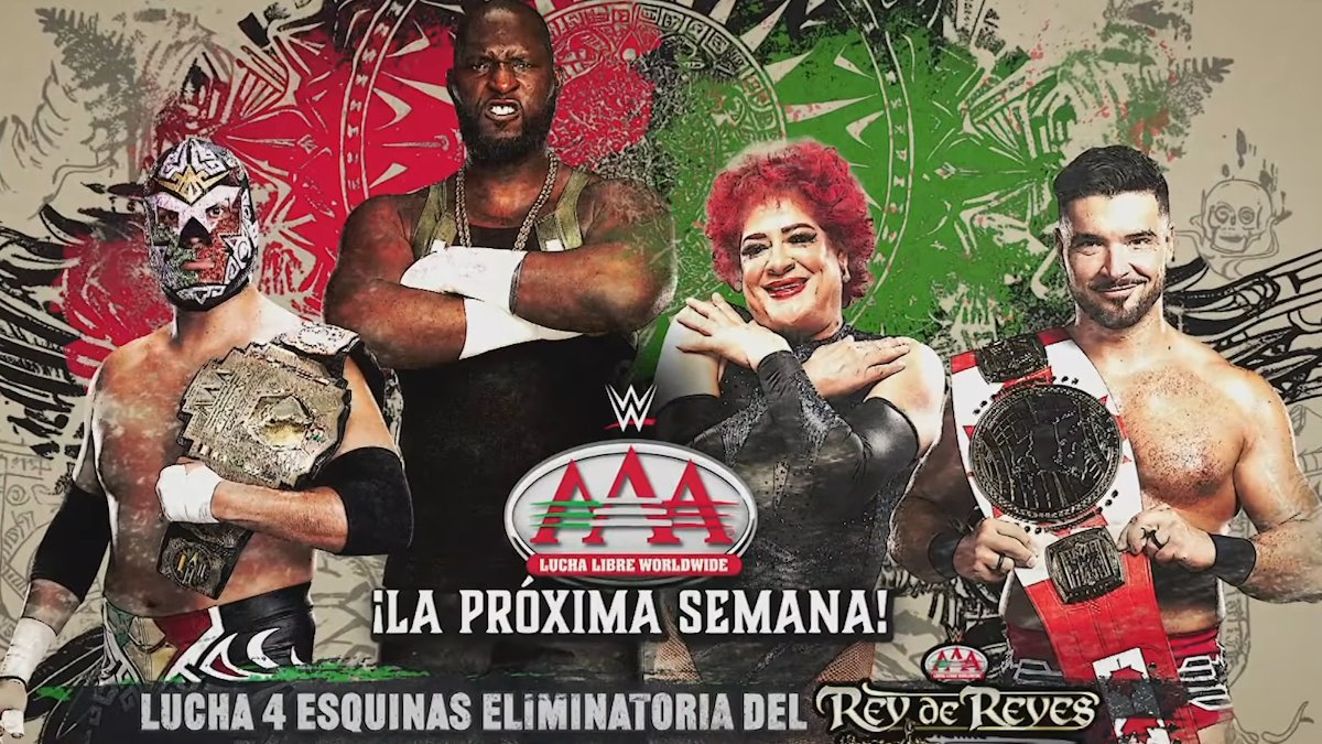 WrestleTalk_TV's tweet photo. An INSANE match added to next week's WWE AAA show 😅

El Hijo De Dr Wagner Jr vs. Omos vs. Pimpinela Escarlata vs. Ethan Page

The winner qualifies for the Rey de Reyes tournament final, joining La Parka, The Original El Grande Americano, and one more qualifier still to be confirmed