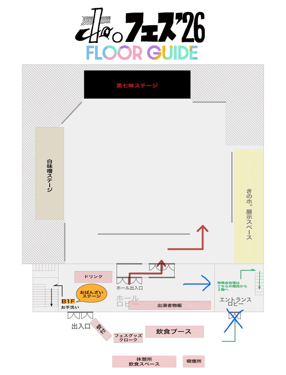 📢特典会会場 出入口変更のお知らせ ホールロビー入って右手側からお