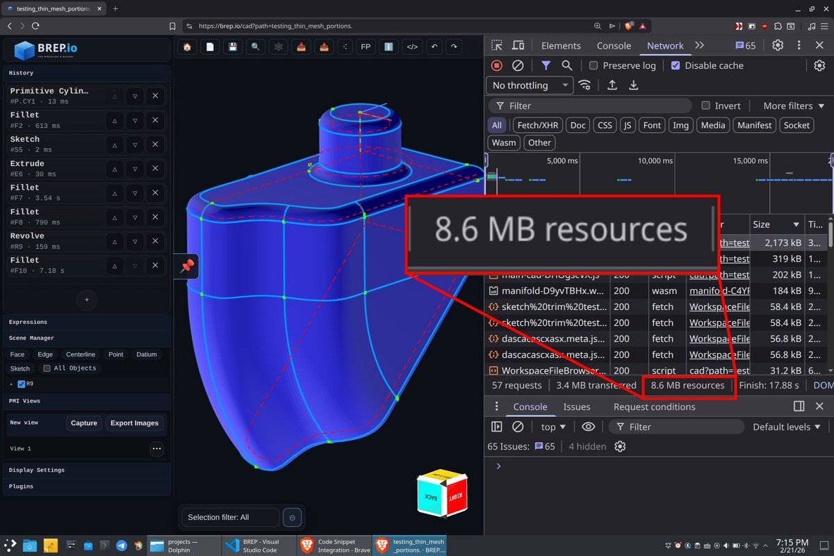 How big is your CAD application? 
With out a bunch of optimization my BREP.io application is only 8.6 MB. Everything is running client side in the browser.