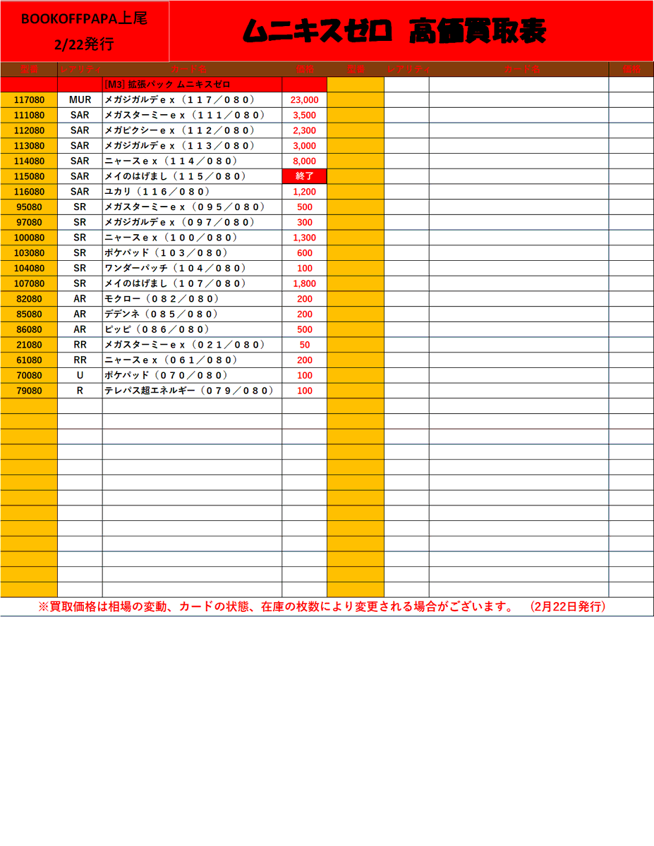 ポケモンカードゲーム 拡張パック 「ムニキスゼロ」 本日の買取表は