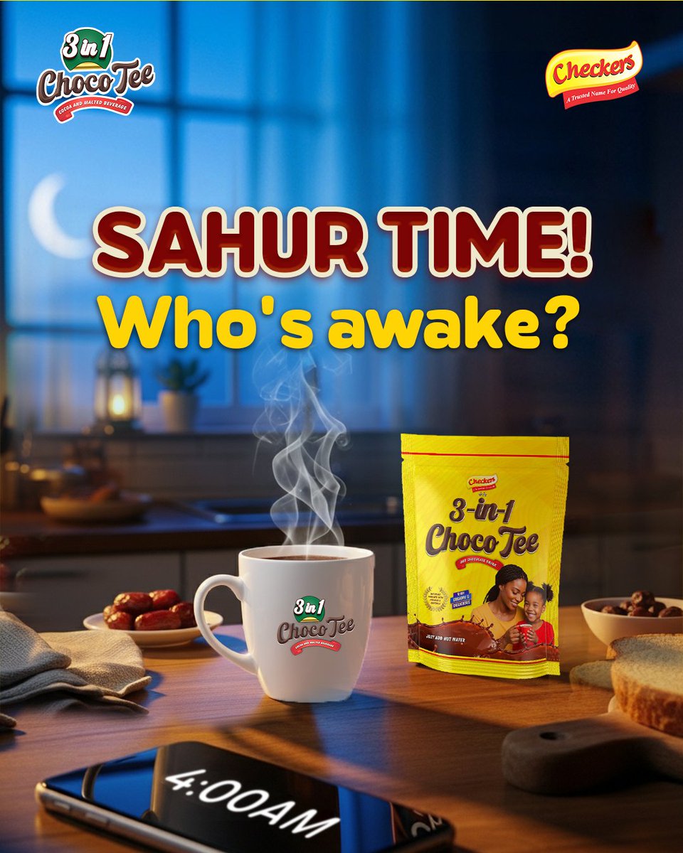 When the alarm goes off and you know it’s Sahur time 🌙⏰
Sleepy eyes, quiet kitchen, a quick prayer… and something warm to get you ready for the fast.
Start your fast right with 3-in-1 ChocoTee 
#RamaadanWithChocoTee
#CheckersChocoTee
#3in1ChocoTee