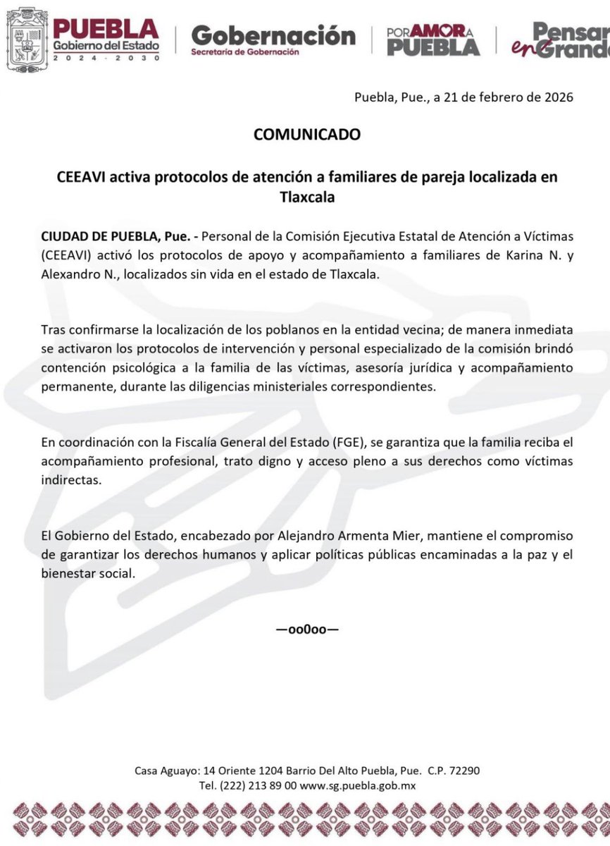 Difieren  las versiones 
sobre el lugar donde hallaron
los cuerpos sin vida de 
Karina y Alexandro

👇
<a href="/FiscaliaPuebla/">FGE Puebla</a> 
dice Rinconada, #Chignahuapan #Puebla

👇
<a href="/Segob_Puebla/">SEGOB Puebla</a> 
dice localizados sin vida en #Tlaxcala