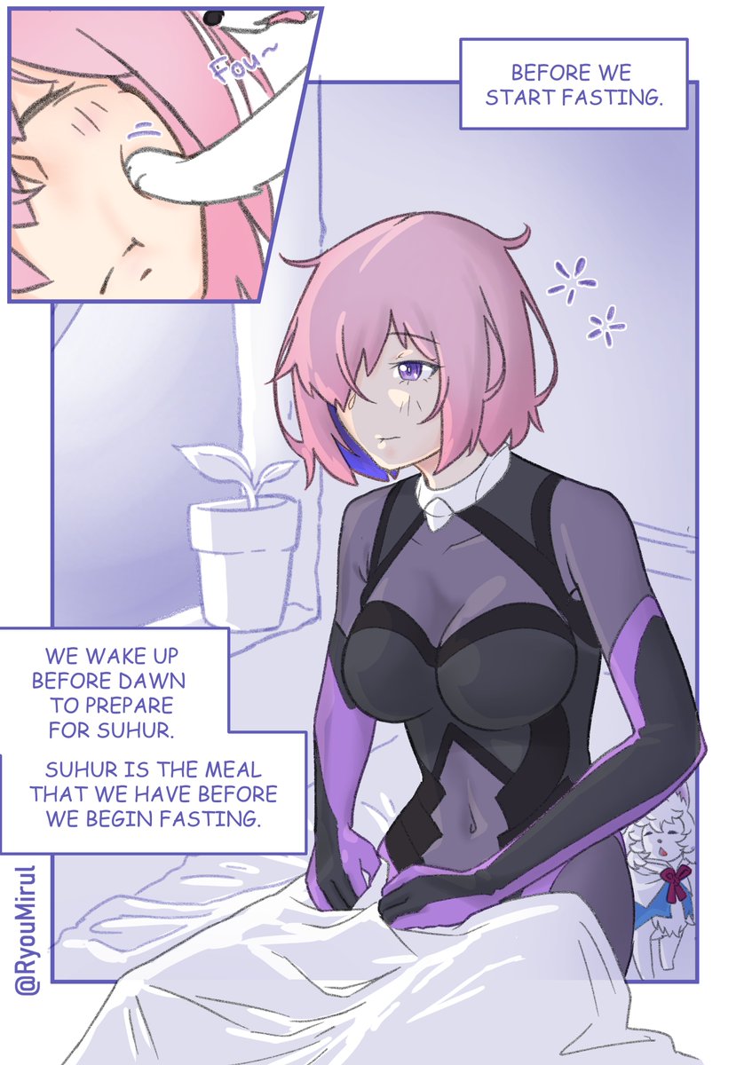 Day 4 Mashu Ramadan

Pre-fasting early morning and Fou to wake her up
#FGO