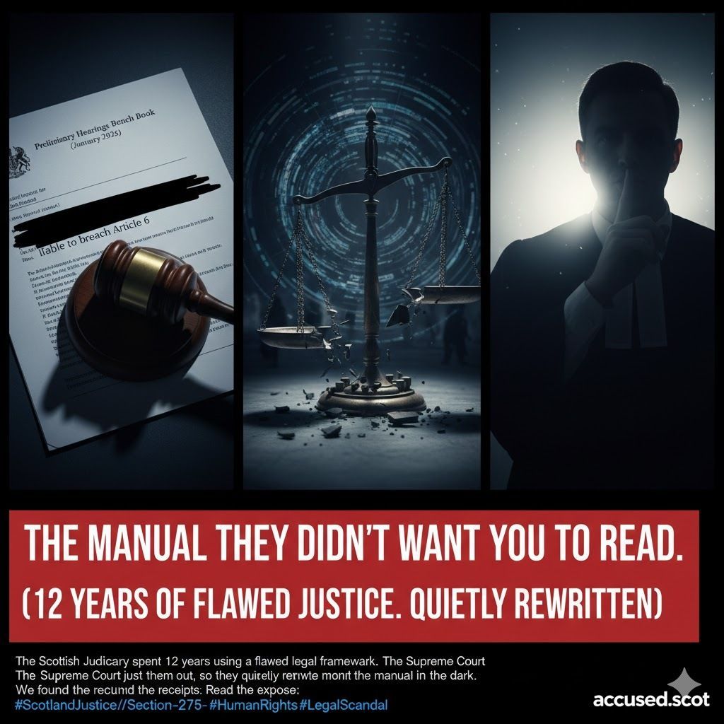 AccusedScots's tweet photo. The Scottish Judiciary spent 12 years using a flawed legal framework. The Supreme Court just called them out, so they quietly rewrote the manual in the dark. We found the receipts.
Read the exposé: https://t.co/m4yrcsfVkn
#ScotlandJustice #Section275 https://t.co/eKj7prVi6j