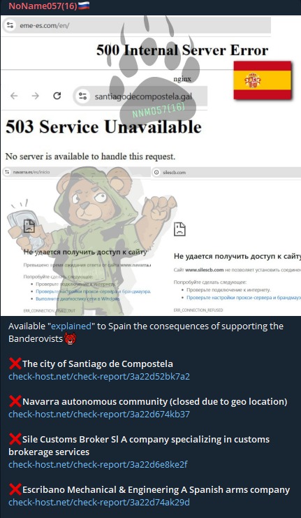 🚨 DDoS Alert: 🇪🇸

NoName claims to have targeted multiple websites in Spain.

* City Council of Santiago de Compostela
* Government of Navarra
* Sile Customs Broker SL
* ENGINEERING ESCRIBANO MECHANICAL &amp; ENGINEERING