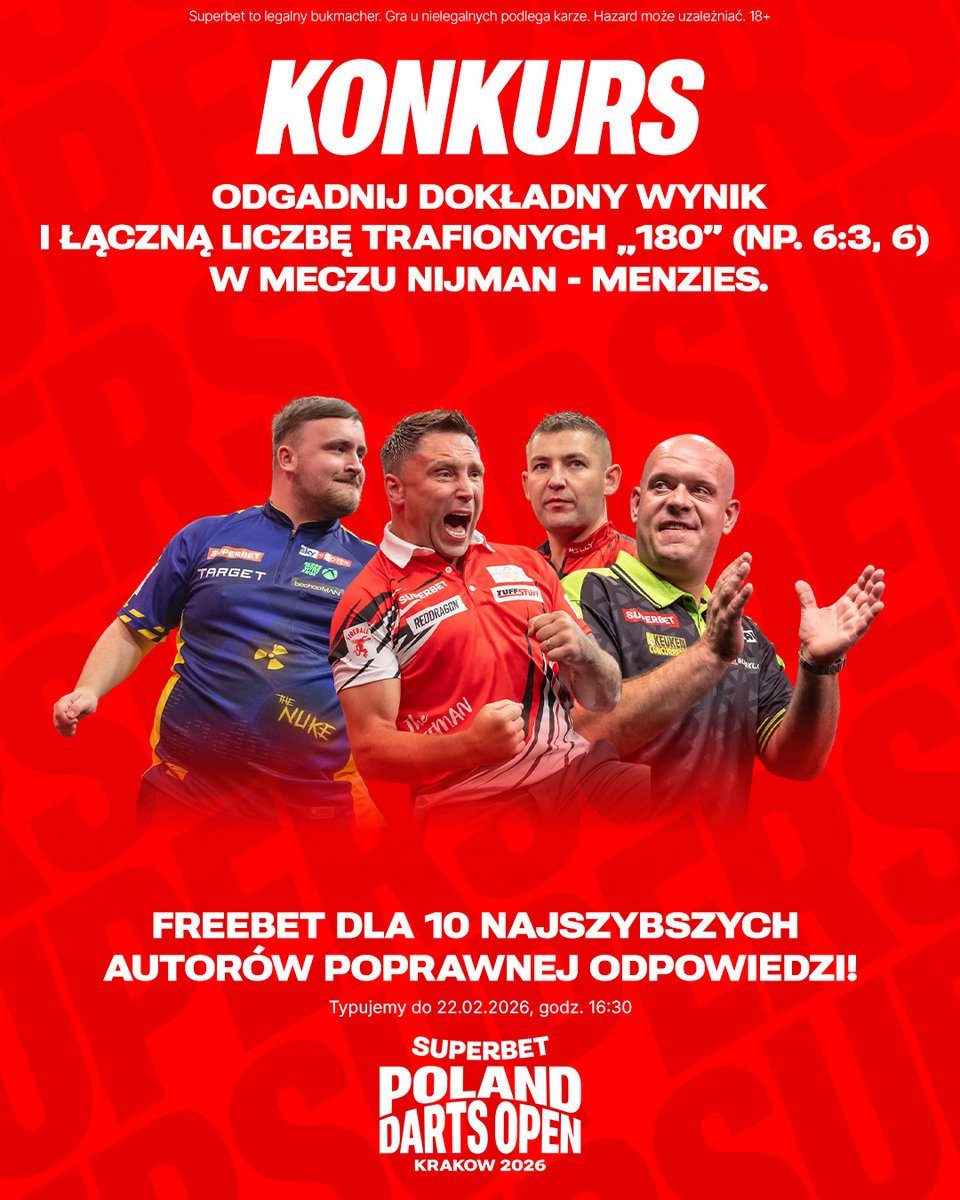 #KONKURS W komentarzach odgadnij dokładny wynik i łączną liczbę trafionych "180" w meczu Nijman - Menzies 🎯#rzutkitarczarodzina

---
✅ Zaobserwuj <a href="/SuperbetPL/">Superbet</a>
❤️ Polub wpis i 🔄 podaj go dalej 
👤 Dodaj nick z Superbet 
🎁 Nagroda = FREEBET 50 PLN 
Regulamin: