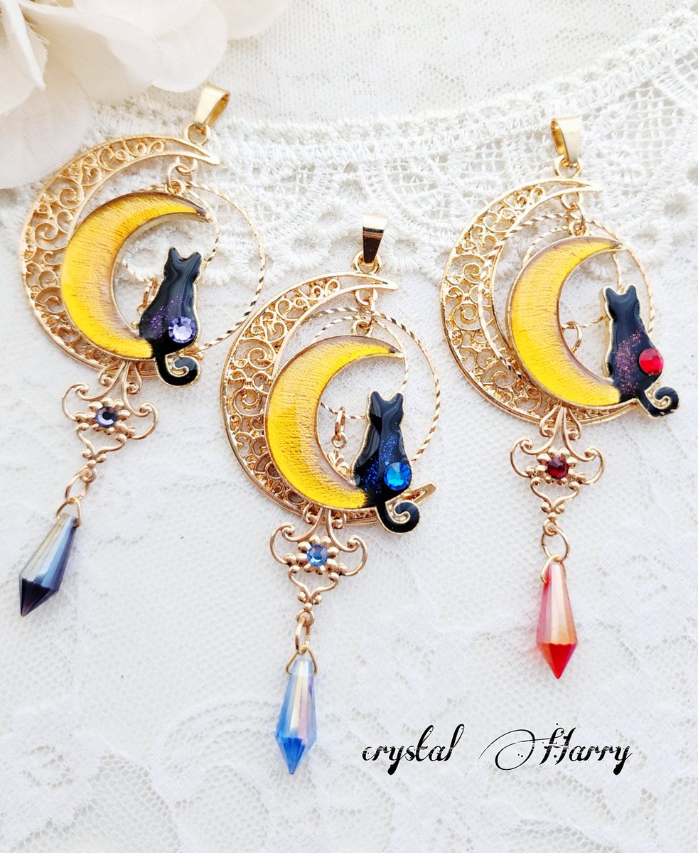 黒猫と三日月の揺り籠】ネックレス～各種～ 夜空に煌々と輝く三日月に