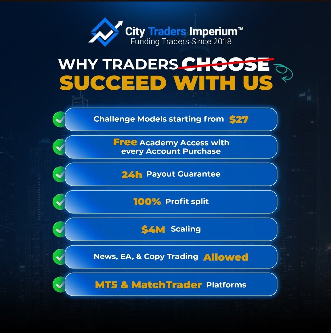 Traders are crushing it with City Traders Imperium! 🚀
<a href="/CTI_Funding/">City Traders Imperium</a> 
Challenges from just $27  
✅ 100% profit split  
✅ 24h payouts guaranteed  
✅ Up to $4M scaling  
✅ Free academy + News/EA/Copy allowed  
✅ MT5 &amp; Match-Trader  

Start here: app.citytradersimperium.com/user-auth/regi…