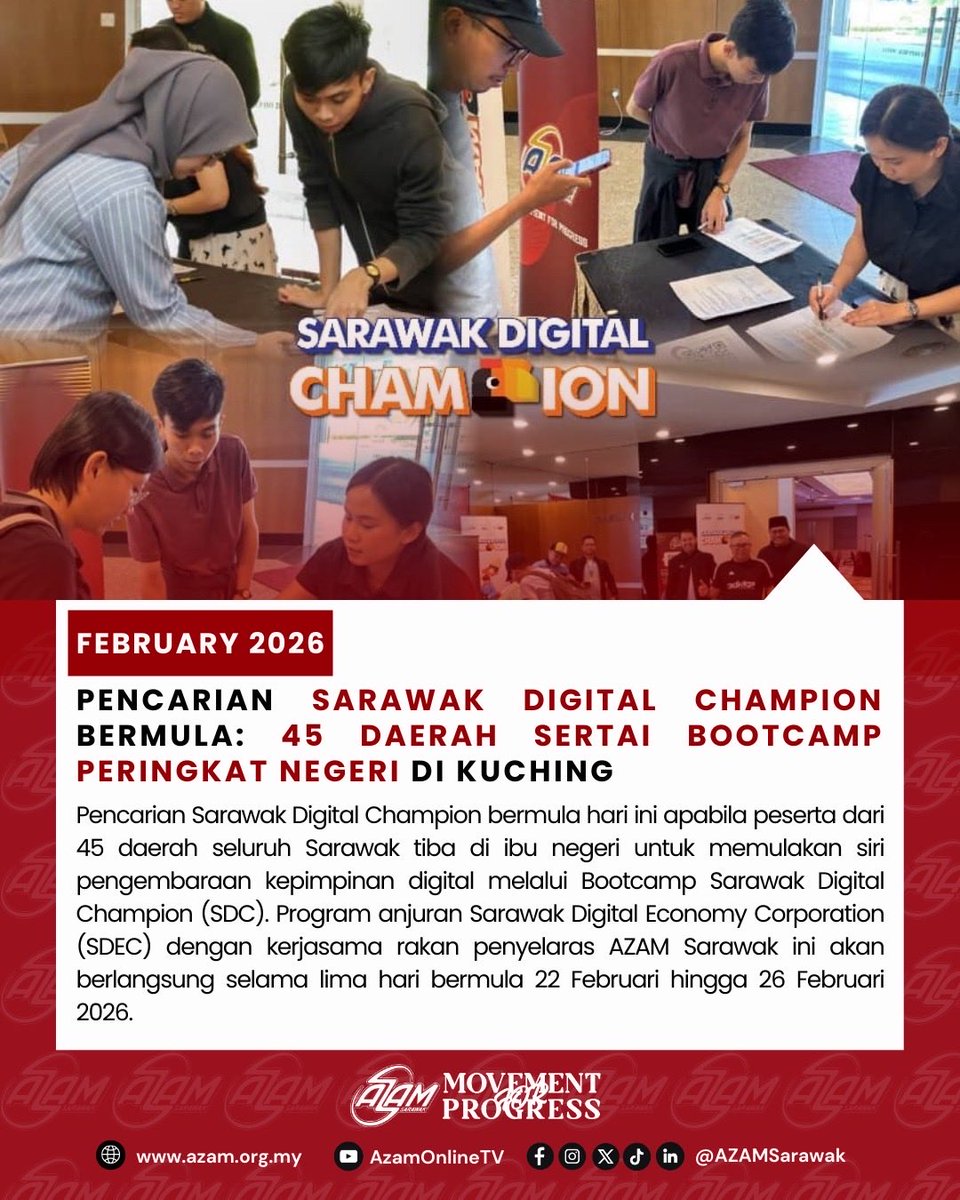 AZAMSarawak's tweet image. Selaras dengan tema “Innovate Digitally, Empower Communities,” Program Sarawak Digital Champion bertujuan memperkukuh literasi digital serta kapasiti inovasi di seluruh negeri, di samping menggalakkan penyertaan lebih luas dalam ekonomi digital.

#AZAMSarawak #MovementForProgress