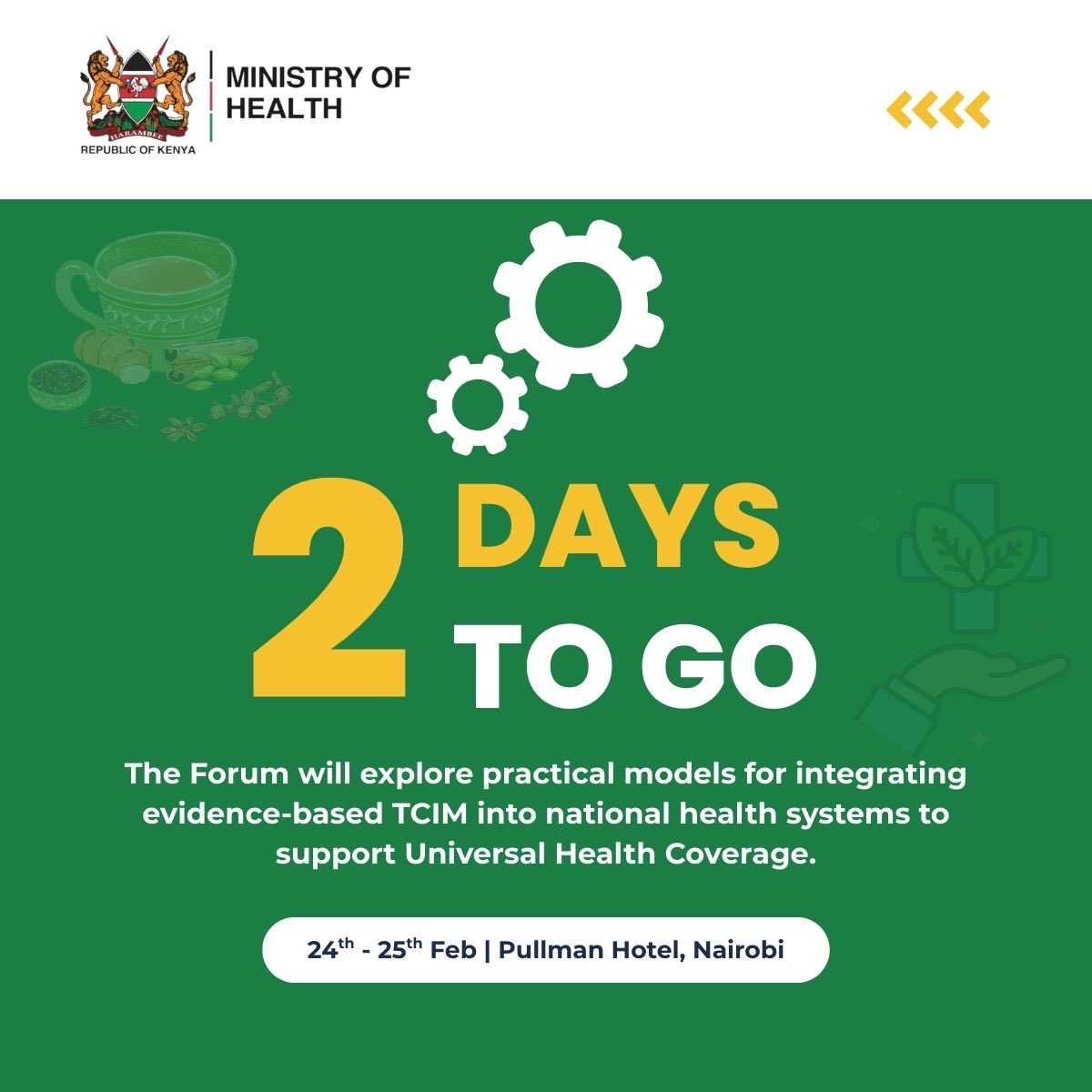 MOH_Kenya's tweet photo. 2 days to go to the regional dialogue on harmonising policy and regulatory approaches for Traditional, Complementary and Integrative Medicine across EAC Partner States.

#IntegratingTCIM #HealthSystemsStrengthening https://t.co/cIV6rPoHEJ