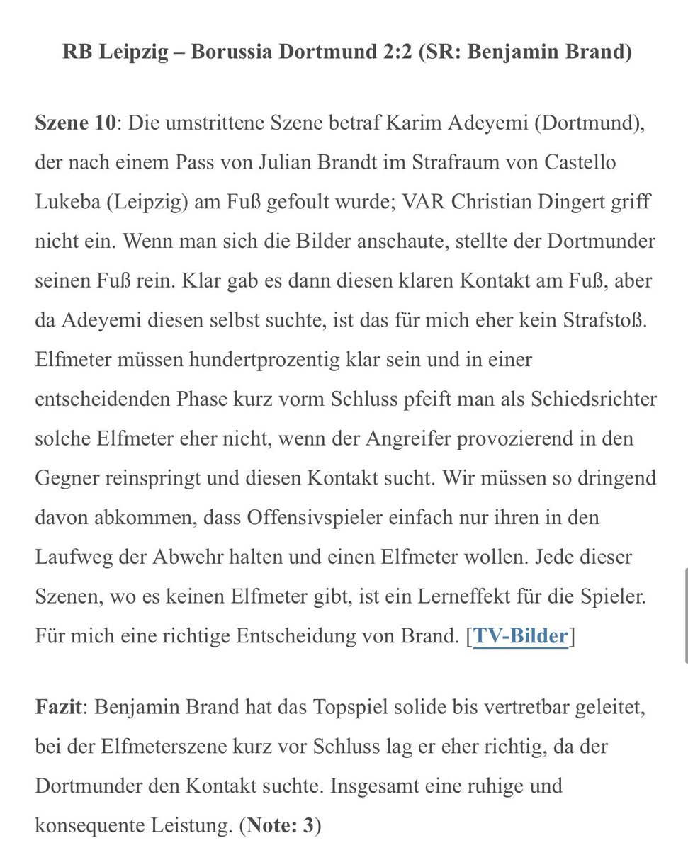 Ich finde den Spielbericht von 
<a href="/IgSchiri/">IG Schiedsrichter</a> wirklich gut und Benjamin Brand bringt es unten auf den Punkt: „Wir müssen so dringend davon abkommen, dass Offensivspieler einfach nur ihren Fuß in den Laufweg der Abwehr halten und einen Elfmeter wollen.“ Genau das ist das Problem.