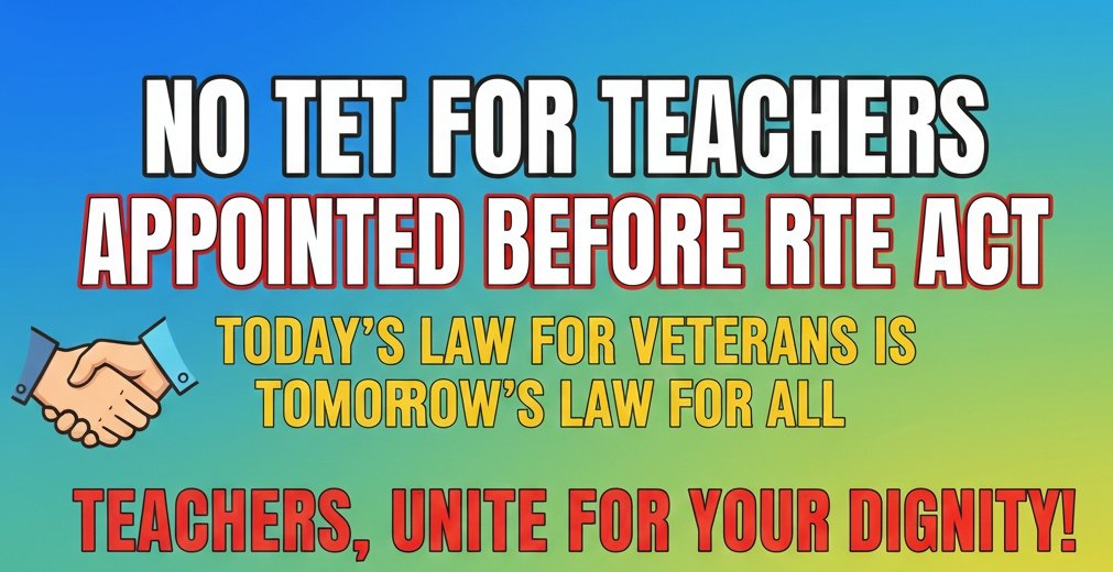 No TET for Teachers appointed before RTE, Justice for Teachers.
#JusticeForTeachers
<a href="/DrDCSHARMAUPPSS/">Dr Dinesh Chandra Sharma</a> 
<a href="/UPPSS1921/">UPPSS(उ०प्र०प्राथमिक शिक्षक संघ)</a> 
@TFI_2025