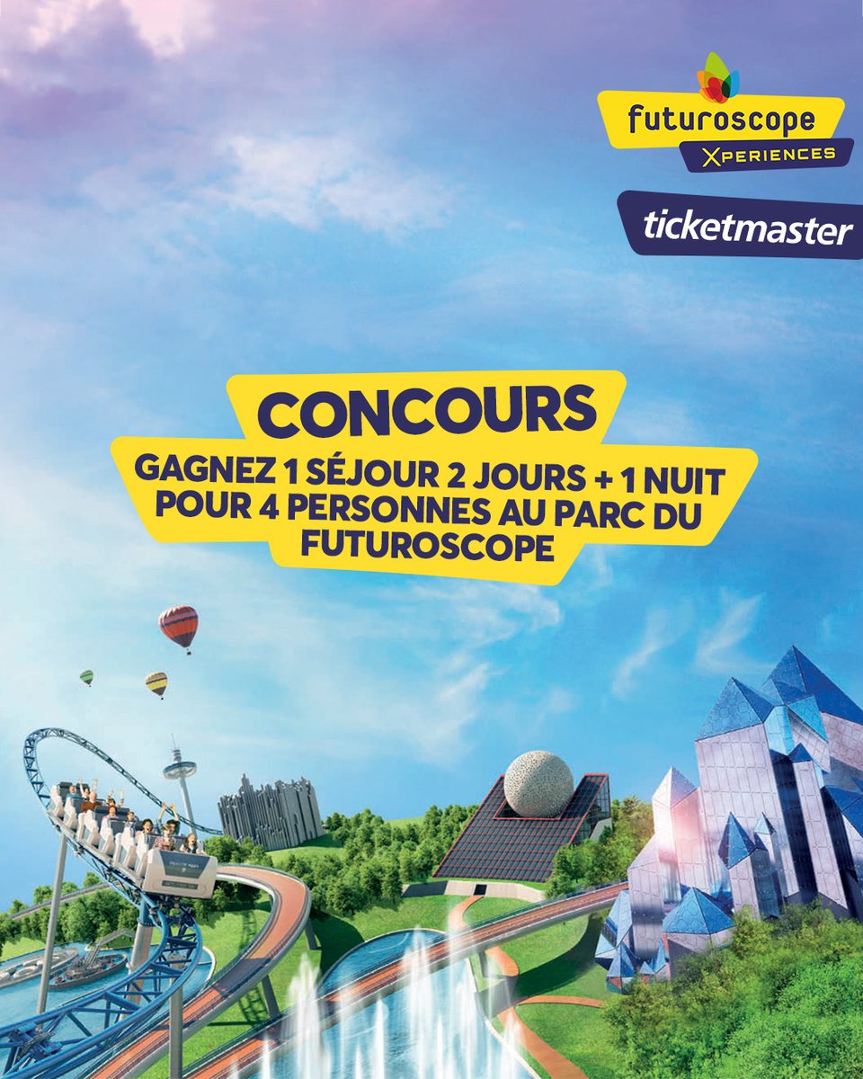 Envie d’aventures et de sensations fortes ? Jouez et gagnez un séjour 2 jours +1 nuit pour 4 personnes au Parc du Futuroscope 🎢 
Pour participer :
• S’abonner aux pages <a href="/TicketmasterFR/">Ticketmaster.fr</a> et <a href="/futuroscope/">Futuroscope</a>
• Commenter en identifiant quelqu’un pour venir avec vous

Tirage au sort