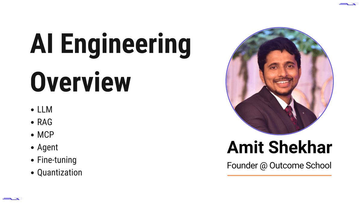 amitiitbhu's tweet photo. Just wrapped up the live session on AI Engineering Overview! It was great to have so many of you join.

• LLM
• RAG
• MCP
• Agent
• Fine-tuning
• Quantization

If you missed it or want to rewatch, the recorded session is available here: https://t.co/PQJw8xlM3Z https://t.co/Q2qa74Jn4F
