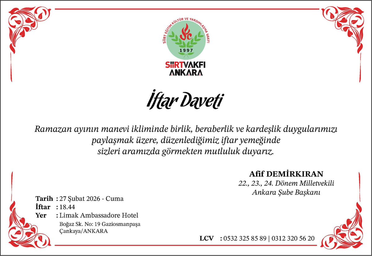 Vakfımızın 27 ŞUBAT CUMA günü düzenleyeceği iftar yemeğinde tüm Siirtli hemşehrilerimizi ve Siirt dostlarını aramızda görmekten mutluluk duyarız.