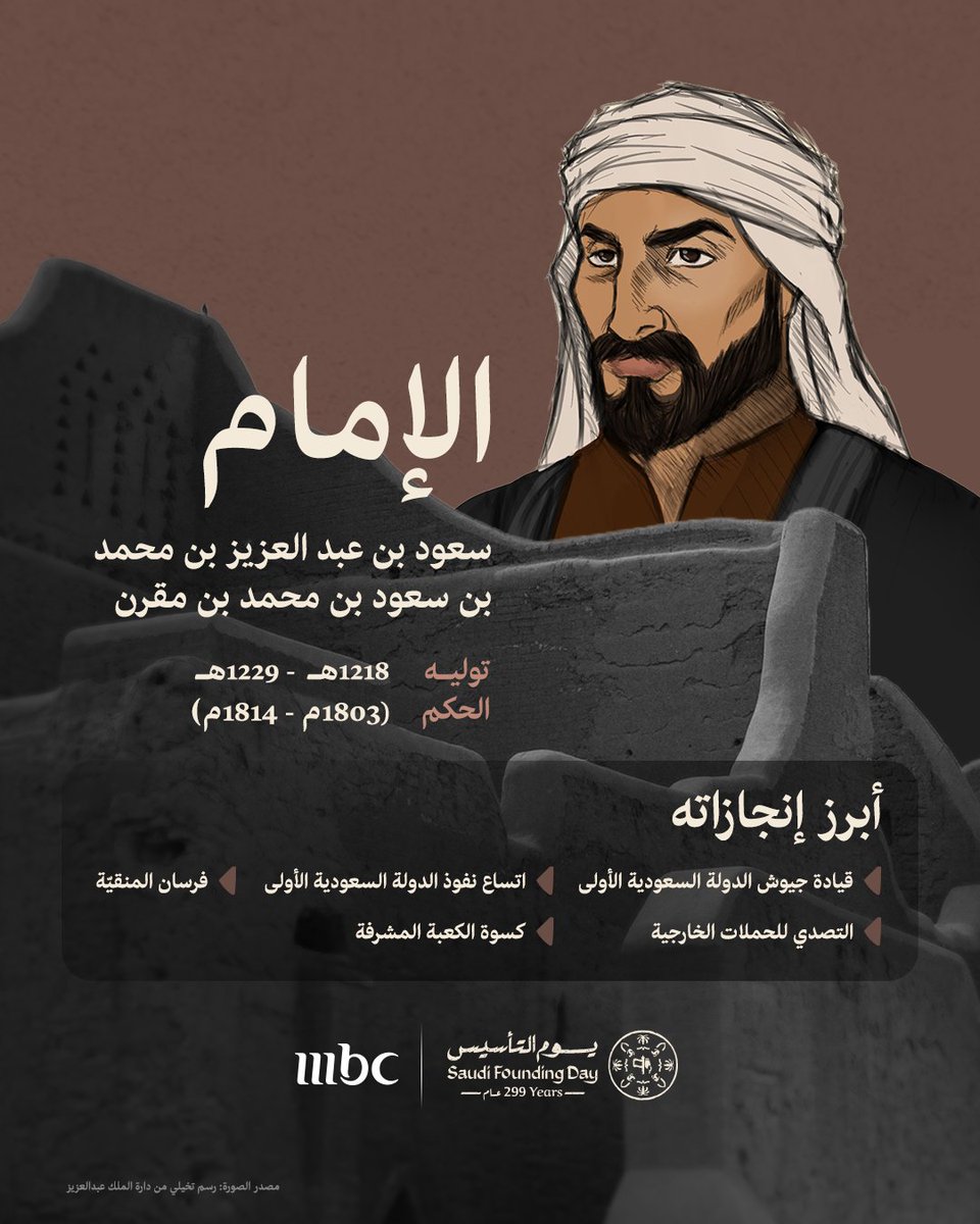 mbc1's tweet photo. الإمام سعود بن عبد العزيز بن محمد بن سعود بن محمد بن مقرن 🇸🇦 

#يوم_التأسيس
#يوم_بدينا https://t.co/o3VNCOPlh2