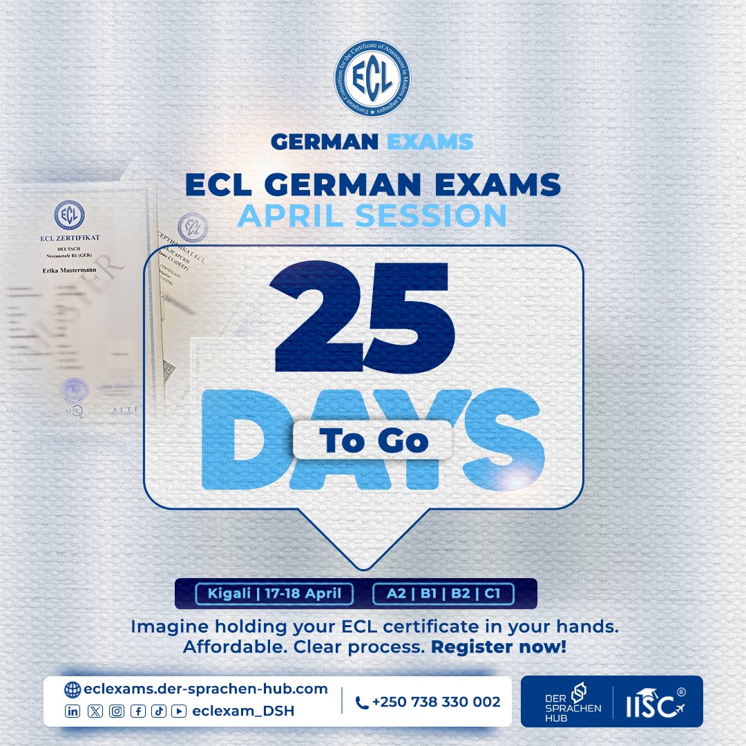 eclexams_DSH's tweet photo. ⏳🇩🇪 25 days to go until the ECL German Exam! 🎓
Levels: A2, B1, B2, C1
📍 17–18 April
🗓 Register by 16 March
Affordable. Simple. Worth it. 💪
Secure your spot & start preparing with confidence!
👉 https://t.co/rT7kx7ZW3h�
#ECLExam #GermanExam #StudyGerman #GermanyBound https://t.co/JpFwBiifl6