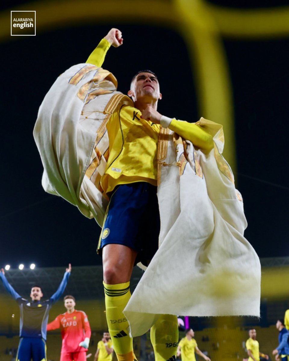 Al Nassr superstar Cristiano #Ronaldo marks the Kingdom’s Founding Day in his own way wearing the traditional Saudi Bisht post game and says that he “belonged to Saudi Arabia,” adding that he is “happy” and wants to “continue here.”