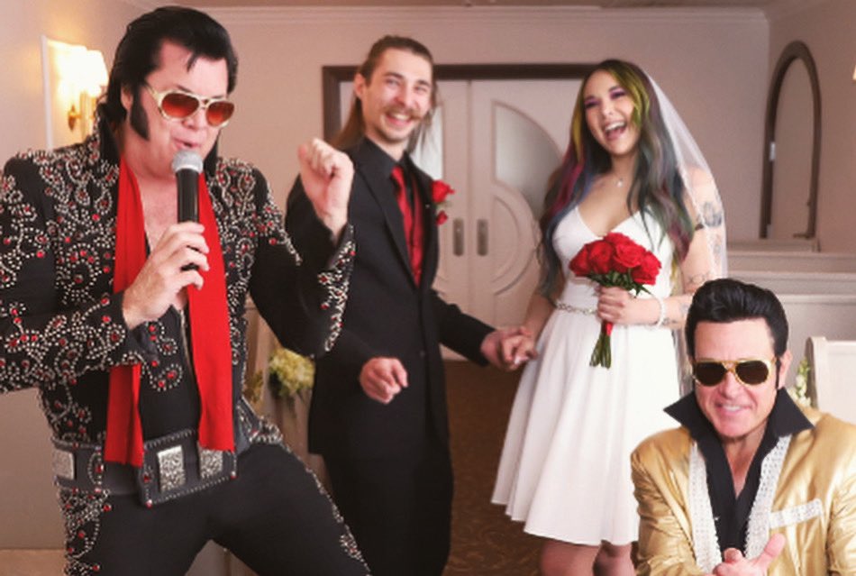 gilberalc's tweet photo. hey remember when we got married on “twos”-day by two elvis impersonators in vegas? happy anniversary b https://t.co/cdYJe9pAs9