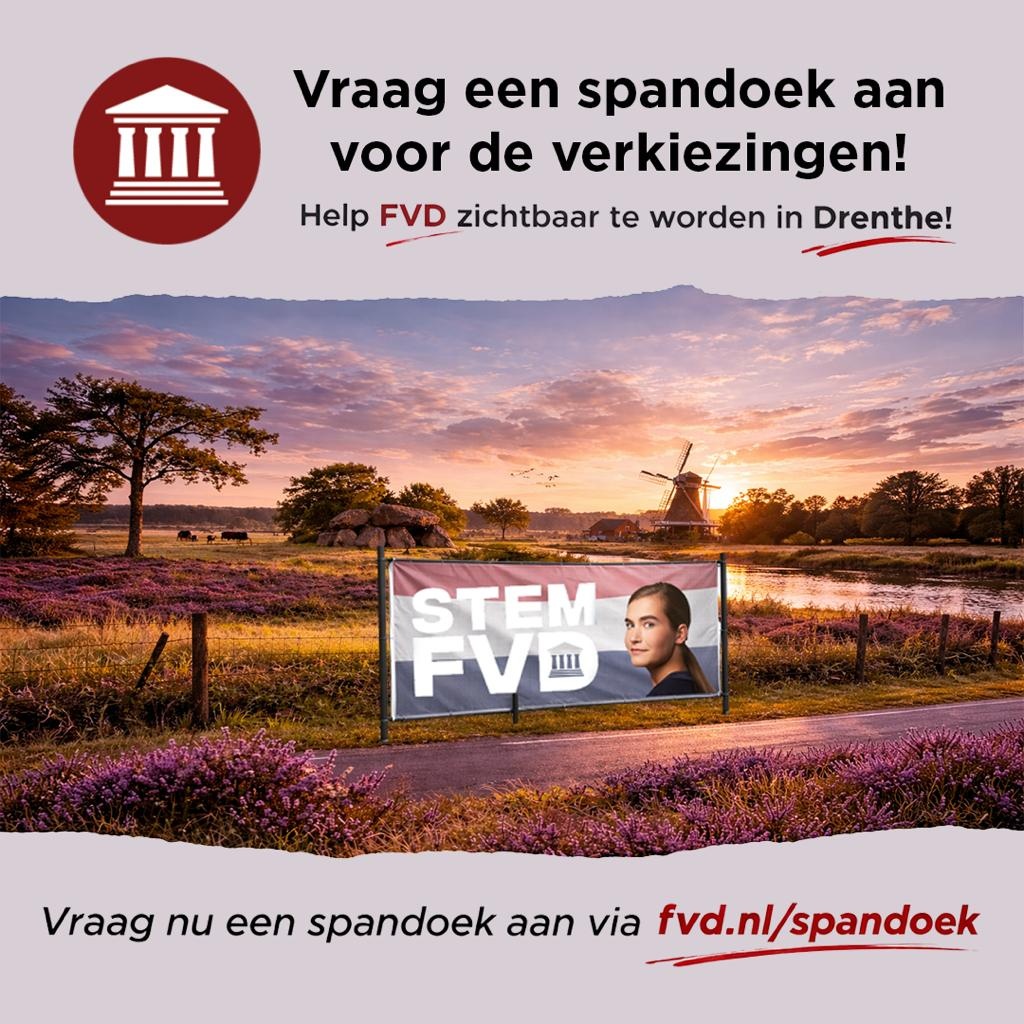 DrentheFvD's tweet image. Nog minder dan een maand tot 18 maart!

Heeft u een veld, grote tuin of toplocatie langs de weg in een gemeente waar FVD meedoet? Help mee aan de zichtbaarheid van FVD!

Vraag nu een campagnedoek aan via 👉 fvd.nl/spandoek

Stem 18 maart FVD! 🇳🇱

#FVD #GR2026 #spandoek