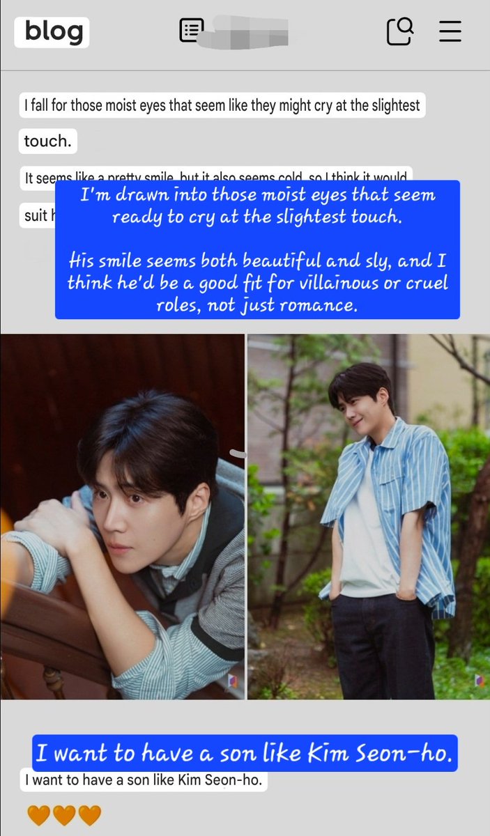 😊

[BLOG]
"I used to think, "Who likes Kim Seon-ho?"
But who would have thought it would be me. LOL.
...
His smile seems both beautiful and sly, and I think he'd be a good fit for villainous or cruel roles, not just romance.
...
I want to have a son like Kim Seon-ho."