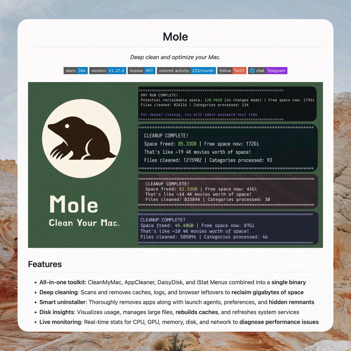 Mole 1.27 is live. The Mac cleaning tool that can free up tens of GBs in one go. 36K stars. github.com/tw93/Mole

Here’s what’s new:
· mo clean: adds safe cleanup for Group Containers, Maven local repo, Chrome and Google Updater caches, Expo ecosystem files, and improves npm