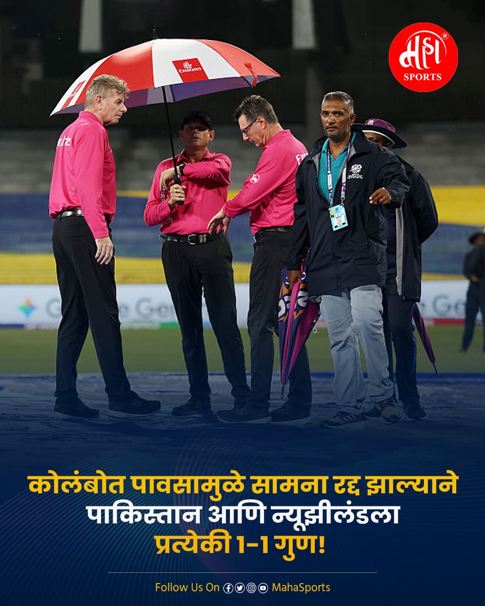 Maha_Sports's tweet image. पाकिस्तान विरुद्ध न्यूझीलंड सामन्याचा निकाल पावसाने लावला!!!
.
.
#pakvsnz #t20worldcup2026 #super8 #mahasports