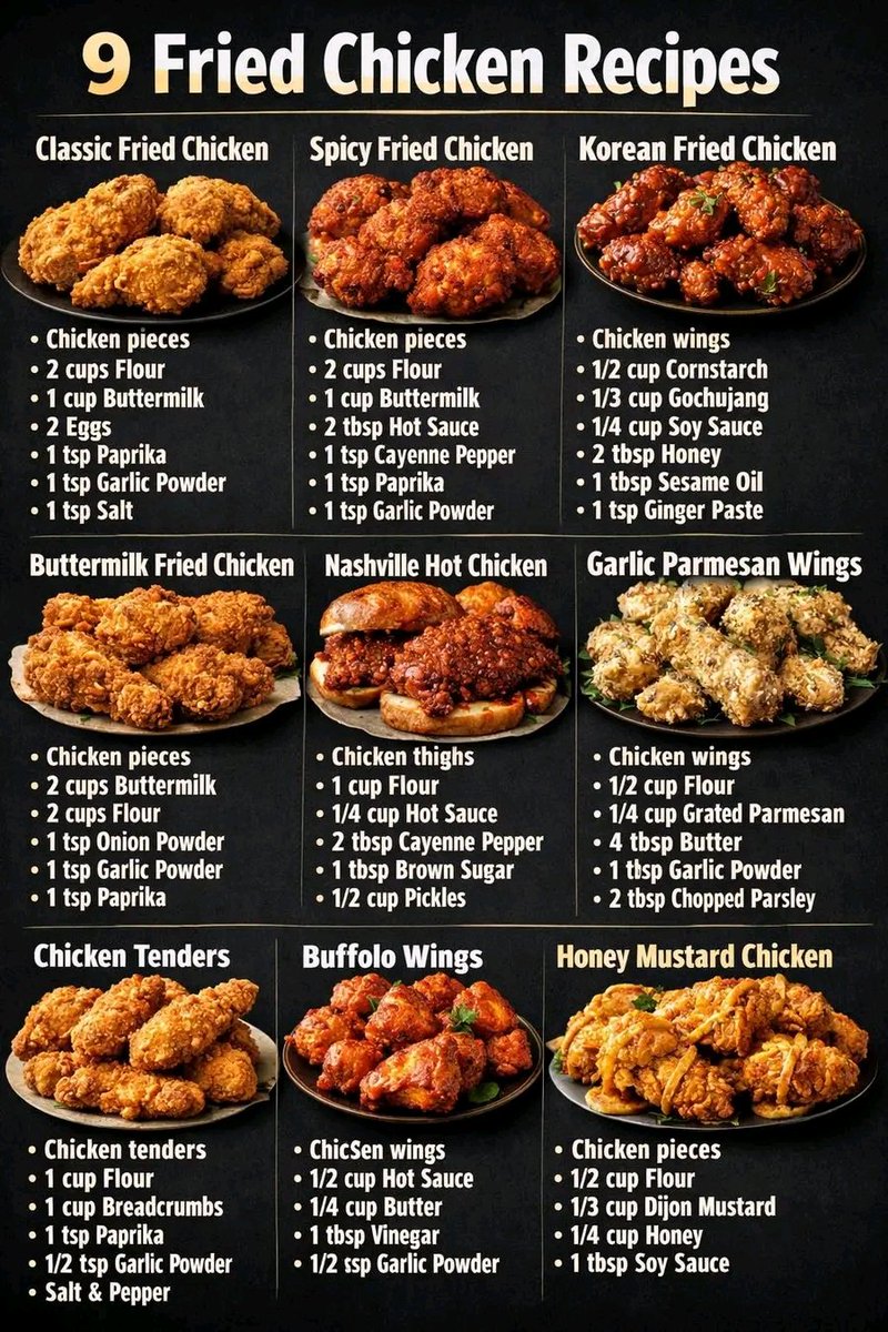 Dr_Paiwan's tweet photo. 1️⃣ Classic Fried Chicken

Ingredients:
 • Chicken pieces
 • 2 cups flour
 • 1 cup buttermilk
 • 2 eggs
 • 1 tsp paprika
 • 1 tsp garlic powder
 • Salt & pepper

Instructions:
 1. Marinate chicken in buttermilk, salt, pepper (1–4 hrs).
 2. Mix flour with spices.
 3. Dip chicken in egg → coat in flour.
 4. Fry at 175°C until golden (12–15 min).
 5. Rest 5 min before serving.

2️⃣ Spicy Fried Chicken

Ingredients:
 • Chicken pieces
 • Flour
 • Buttermilk
 • Hot sauce
 • Cayenne pepper
 • Paprika

Instructions:
 1. Mix buttermilk + hot sauce, marinate chicken.
 2. Add cayenne to flour.
 3. Coat and deep fry until crispy.
 4. Sprinkle extra spice if desired.

3️⃣ Korean Fried Chicken

Ingredients:
 • Chicken wings
 • Cornstarch
 • Soy sauce
 • Gochujang
 • Honey
 • Garlic, ginger

Instructions:
 1. Coat wings in cornstarch.
 2. Fry once → rest → fry again (extra crispy).
 3. Simmer sauce ingredients.
 4. Toss wings in sauce.

4️⃣ Buttermilk Fried Chicken

Ingredients:
 • Chicken
 • Buttermilk
 • Flour
 • Onion powder
 • Garlic powder

Instructions:
 1. Overnight buttermilk soak.
 2. Season flour.
 3. Dredge and fry slowly until cooked through.

5️⃣ Nashville Hot Chicken

Ingredients:
 • Chicken thighs
 • Flour
 • Hot sauce
 • Cayenne
 • Brown sugar

Instructions:
 1. Fry chicken normally.
 2. Mix hot oil + cayenne + sugar.
 3. Brush spicy oil over chicken.
 4. Serve with pickles.

6️⃣ Garlic Parmesan Wings

Ingredients:
 • Wings
 • Butter
 • Garlic
 • Parmesan
 • Parsley

Instructions:
 1. Fry wings until crisp.
 2. Melt butter with garlic.
 3. Toss wings with butter + parmesan + parsley.

7️⃣ Chicken Tenders

Ingredients:
 • Chicken tenders
 • Flour
 • Breadcrumbs
 • Eggs
 • Paprika

Instructions:
 1. Dip in egg → flour → breadcrumbs.
 2. Fry until golden (5–7 min).
 3. Serve with dip.

8️⃣ Buffalo Wings

Ingredients:
 • Wings
 • Hot sauce
 • Butter
 • Vinegar

Instructions:
 1. Fry wings crispy.
 2. Heat butter + hot sauce + vinegar.
 3. Toss wings in sauce.

9️⃣ Honey Mustard Chicken

Ingredients:
 • Chicken
 • Flour
 • Dijon mustard
 • Honey
 • Soy sauce

Instructions:
 1. Fry chicken pieces.
 2. Simmer honey + mustard + soy.
 3. Coat chicken in glaze.
