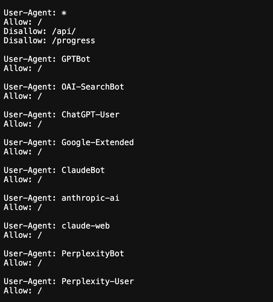 brank_ai's tweet photo. 1.1/100
Ensure your robots.txt allows AI bots to crawl your website. It should look something like this. You can check https://t.co/Y1JwaT4ZSO’s robots.txt here: https://t.co/E1dzao9lEi https://t.co/UWJINX4kCy