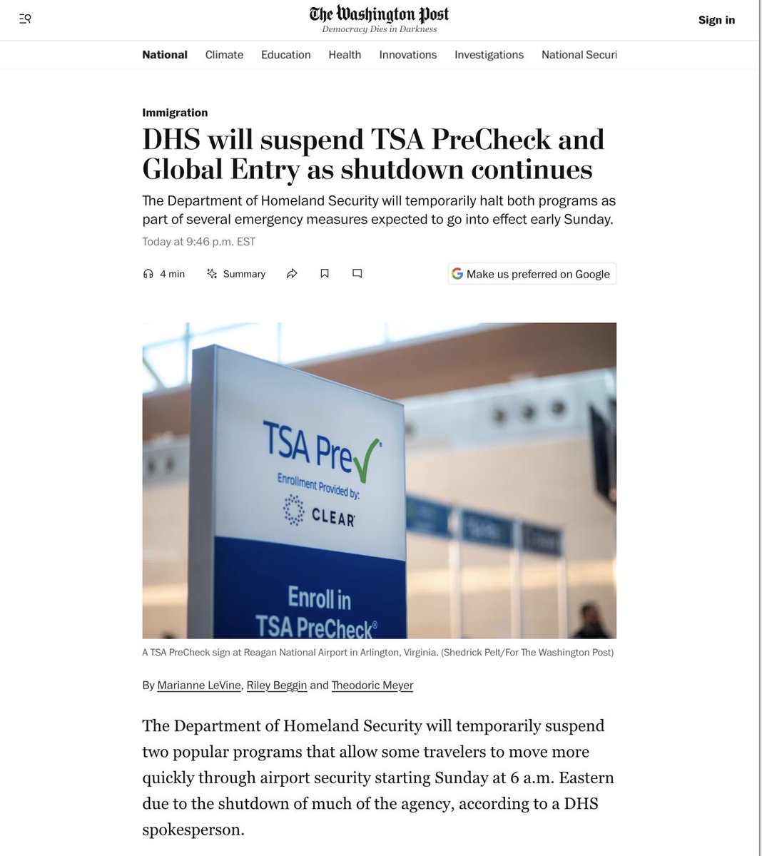 markvalorian's tweet image. This is crazy…with less than 12 hours of notice, DHS is suspending TSA Precheck and Global Entry. This goes into effect as of 6am eastern tomorrow morning…

Sounds like a tactic to intentionally piss people off to put pressure on Congress to approve funding. I can’t imagine