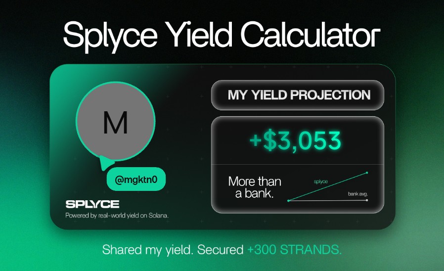 mgktn0's tweet photo. Just tested the real-world yield calculator from @SplyceFi.

My numbers came out +2,928.23% higher than leaving it in a bank.

Check yours: https://t.co/uGZR1IRilt https://t.co/54TT6Ptw3X