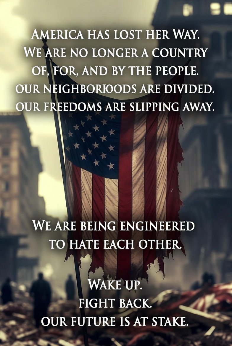 This isn't the America I grew up in anymore. 
It's gone, straight-up erased. 
They stripped away freedoms bit by bit while waving the flag like nothing happened. 
Neighborhoods that used to feel like family are now war zones or zombie addicted ghost towns. 
people don't even look
